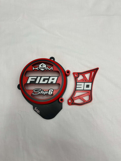 "Tapas personalizadas para motos AM6 con diseño rojo y negro, incluyendo tapa de rotor y tapa de piñón con estilo único."